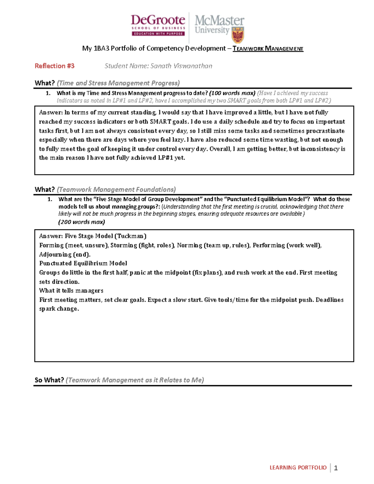 1BA3 Teamwork Management Reflection: Competency Development Portfolio ...