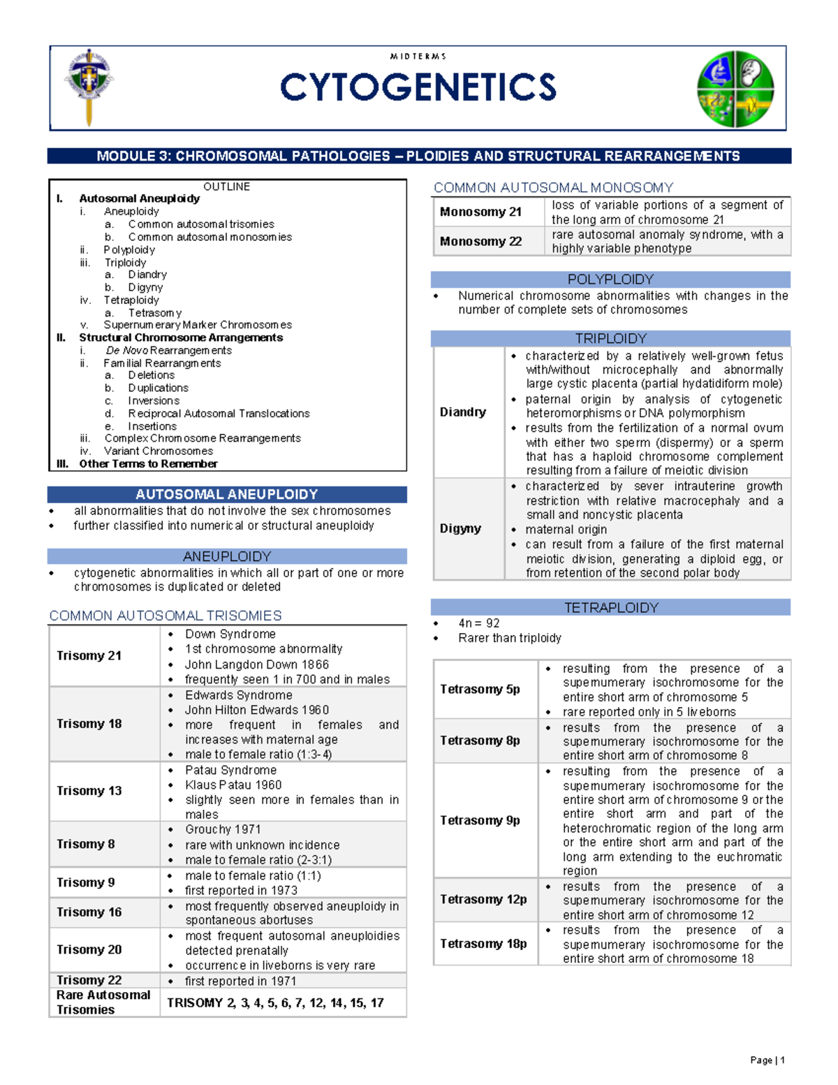 Midterm Study Notes: CYTO 301 - Chromosomal Pathologies and Ploidy ...
