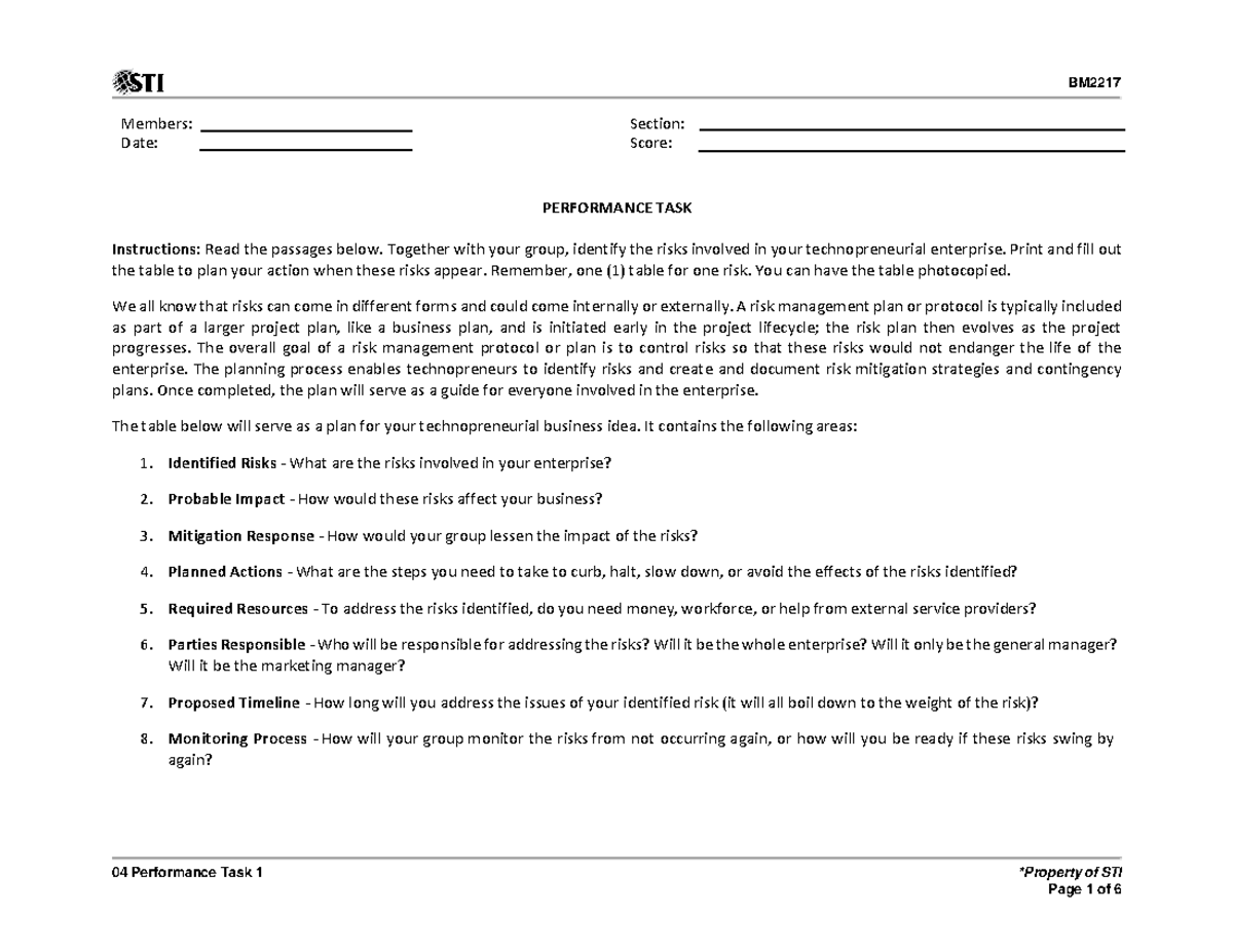 Revised RISK Mngmnt PLAN for Technopreneurial Projects: Performance ...
