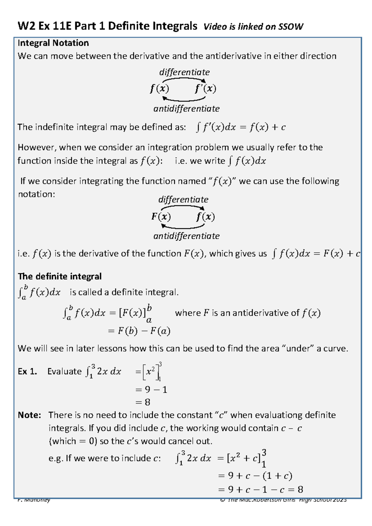 W2 Ex 11E Part 1: Understanding Definite Integrals - Studocu