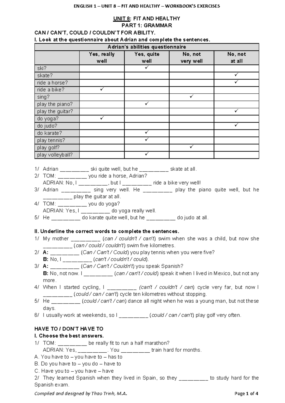 ENG1-U8-FIT AND HEALTHY - Workbook Exercises and Grammar Practice - Studocu