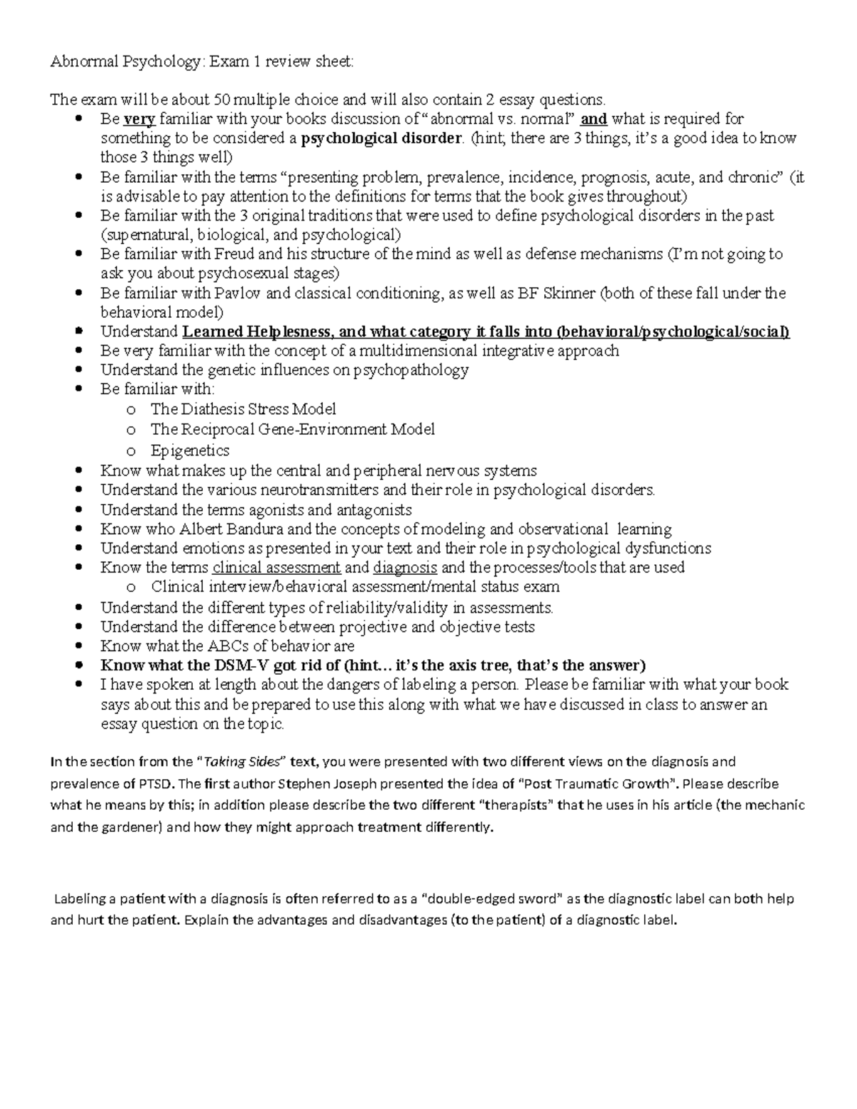 Abnormal Psychology PSY 101: Exam 1 Review Sheet & Key Concepts - Studocu