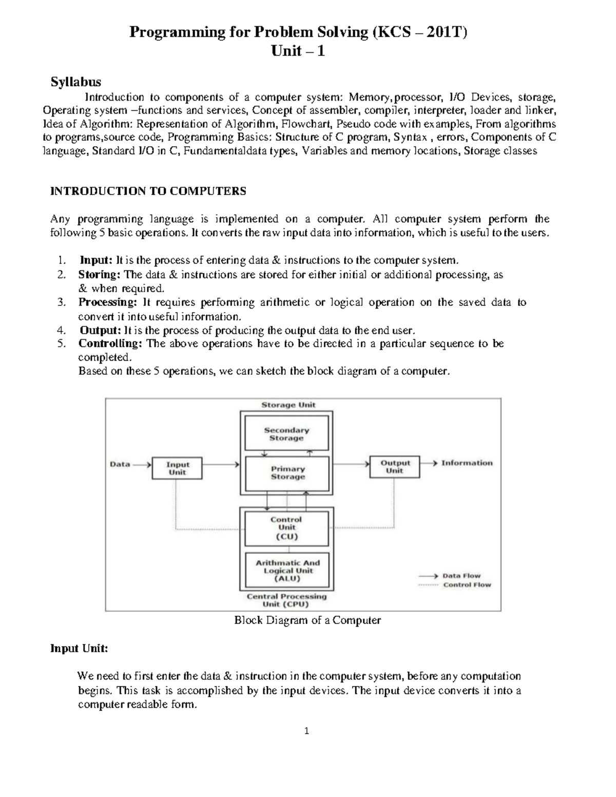 PPS 201T - Intro to Computer Systems: Unit 1 Overview and Concepts ...