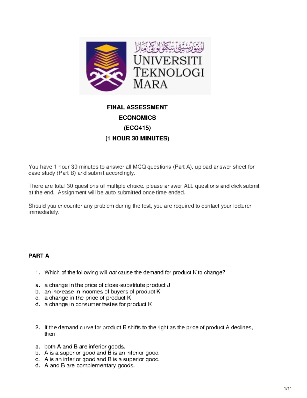 ECO415 Final Assessment: Economics MCQs & Case Study Guide - Studocu