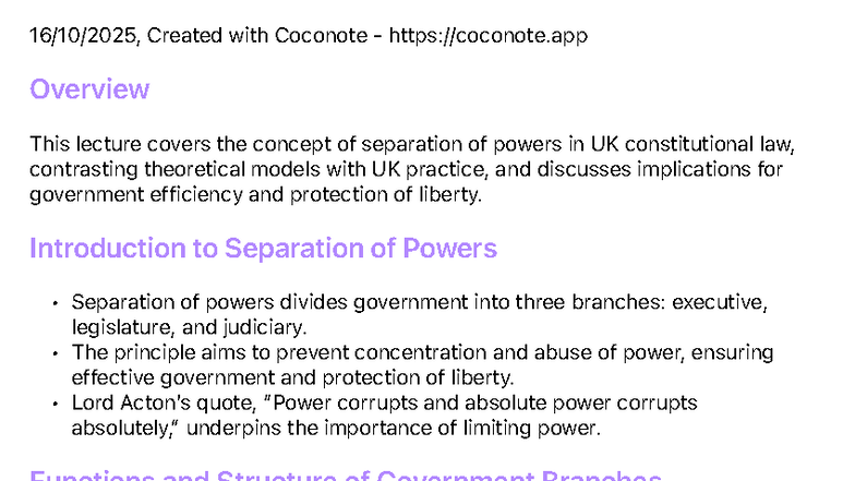 Separation of Powers in UK Law: Lecture Notes 1 - Studocu