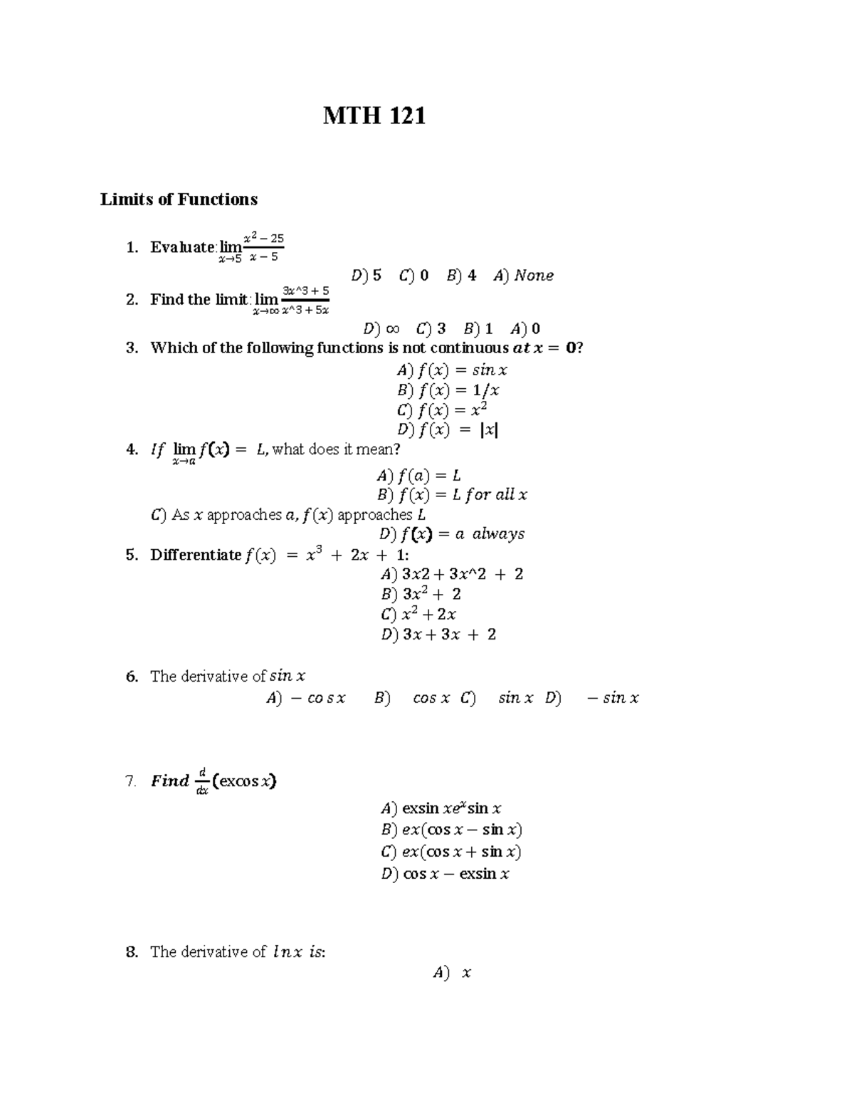 MTH 121 Final Exam Review: Limits of Functions - Studocu
