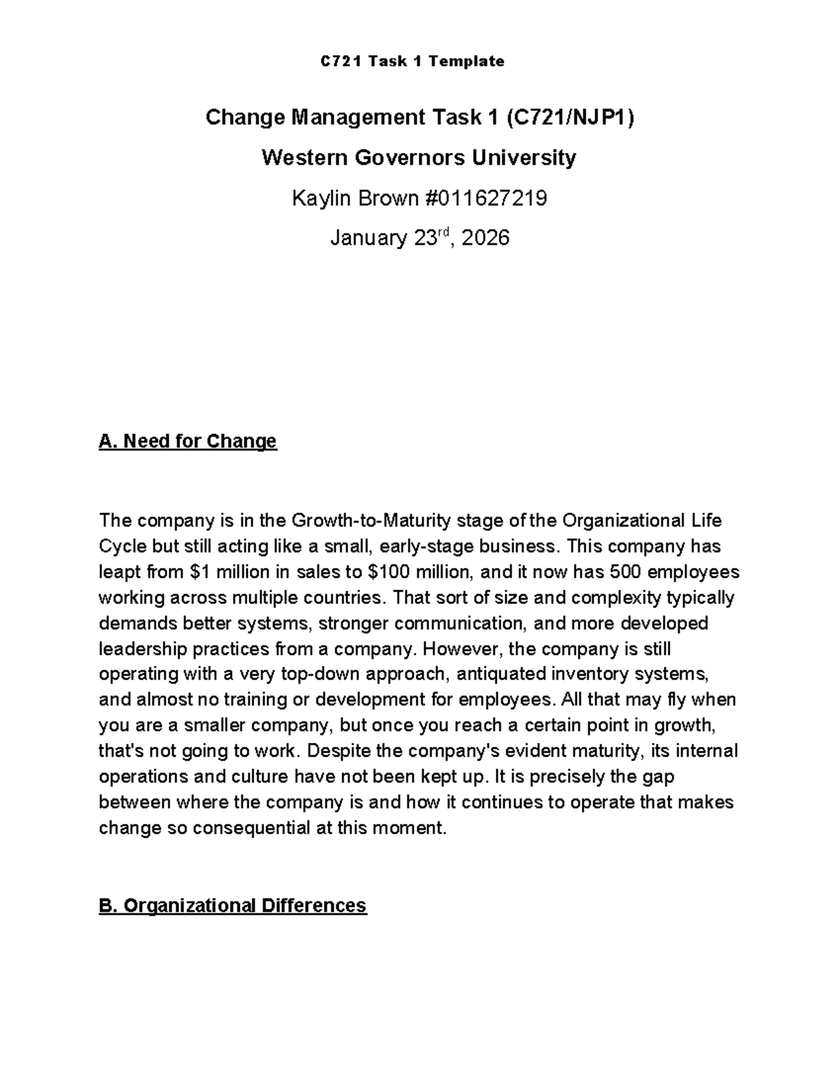 C721 Change Management Task 1: Strategies for Organizational Growth ...