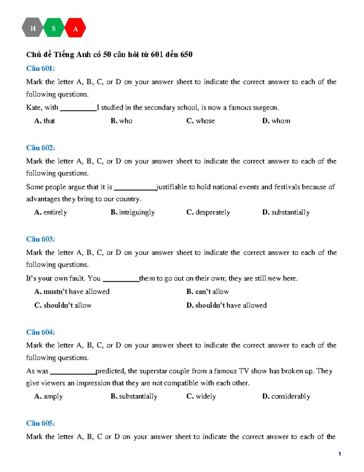 HSA 9 - English Quiz with Questions 601 to 650 - Studocu