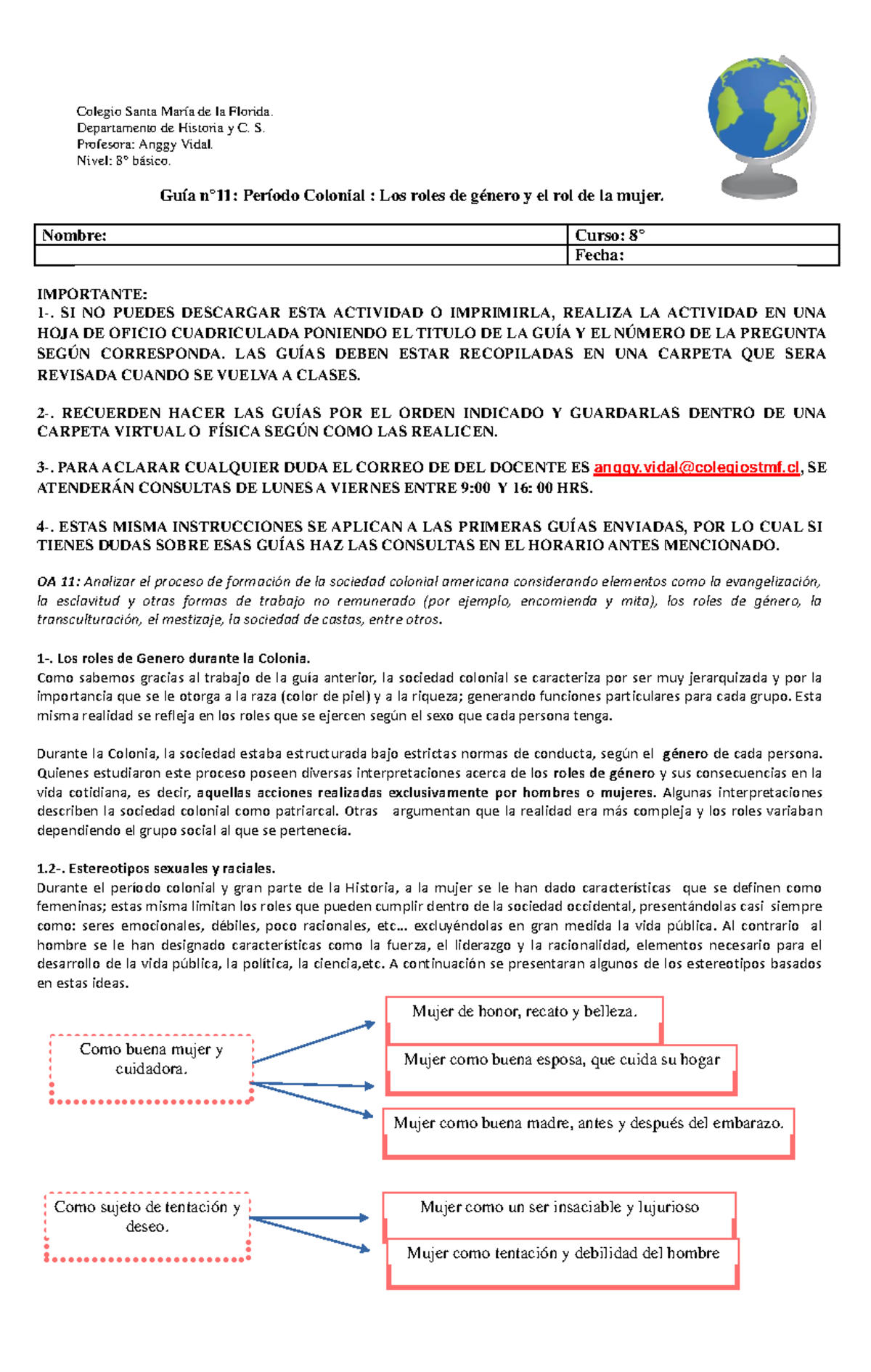 Guía N°11: Roles de Género y la Mujer en la Colonia - 8° Básico - Document Preview
