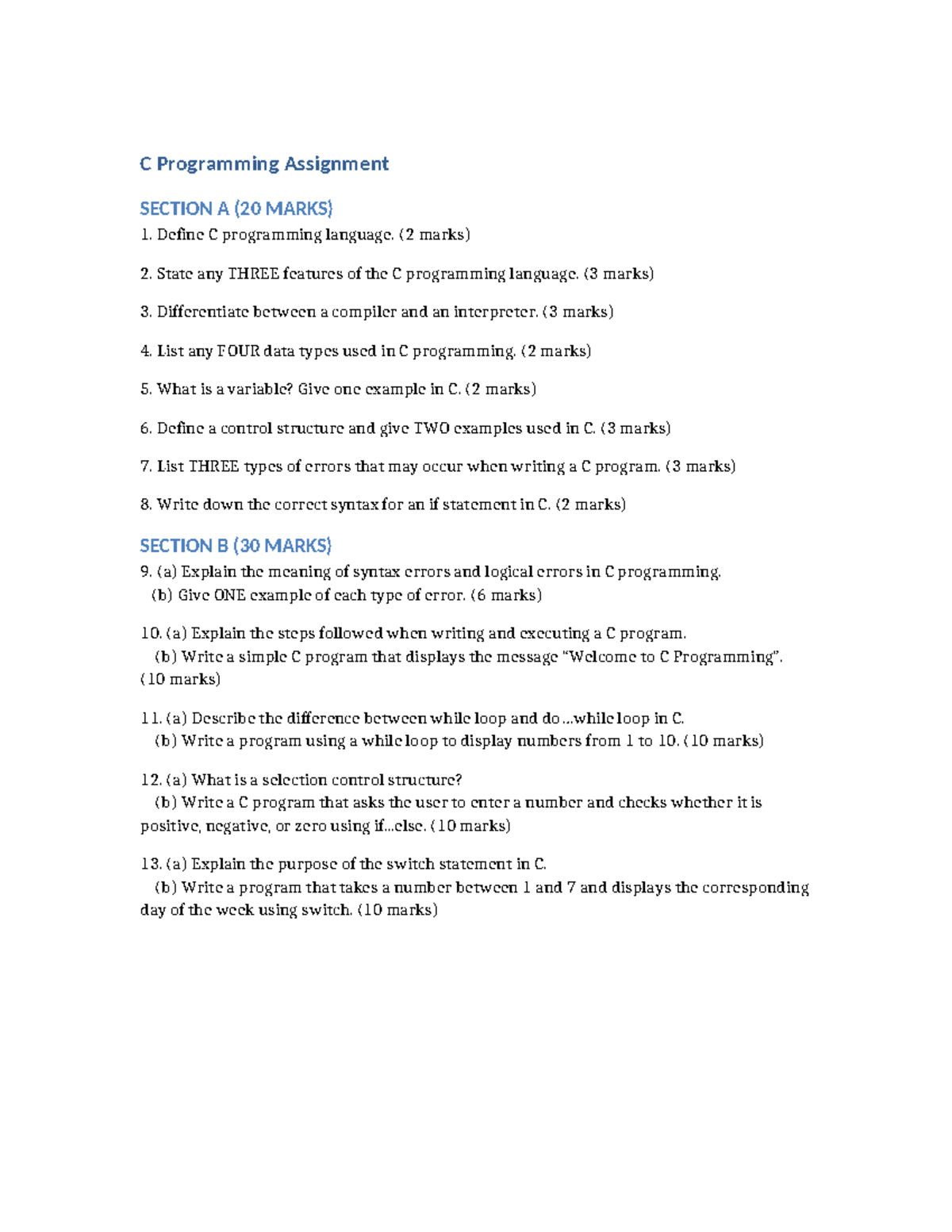 C Programming Assignment - Notes for Section A & B (20+30 Marks) - Studocu
