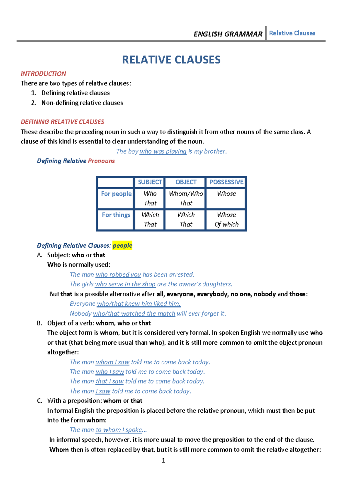 Relative clause lesson - RELATIVE CLAUSES INTRODUCTION There are two ...