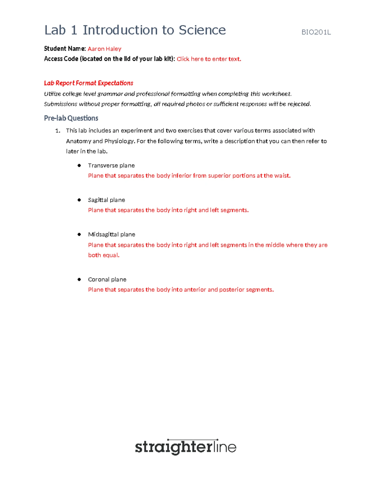 BIO201 Lab 1 - Anatomy & Physiology Lab Report Guide - Studocu