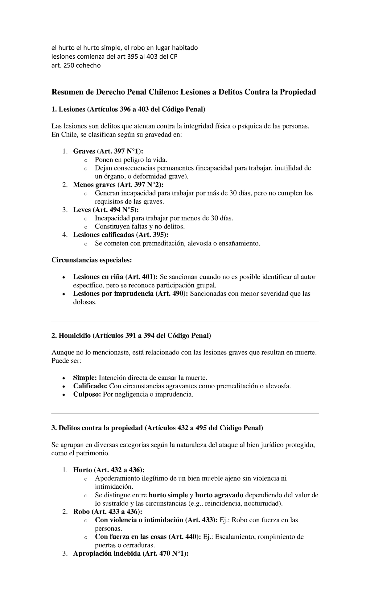Resumen de Derecho Penal Chileno: Hurto y Lesiones (CP) - Studocu