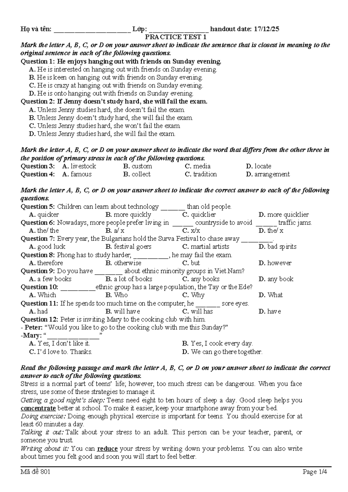 PRACTICE TEST 1 - Mã đề 801: English Language Skills Assessment - Studocu