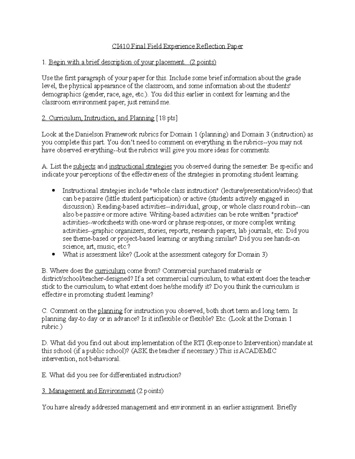 Ci 410 final field experience reflection paper - CI410 Final Field ...