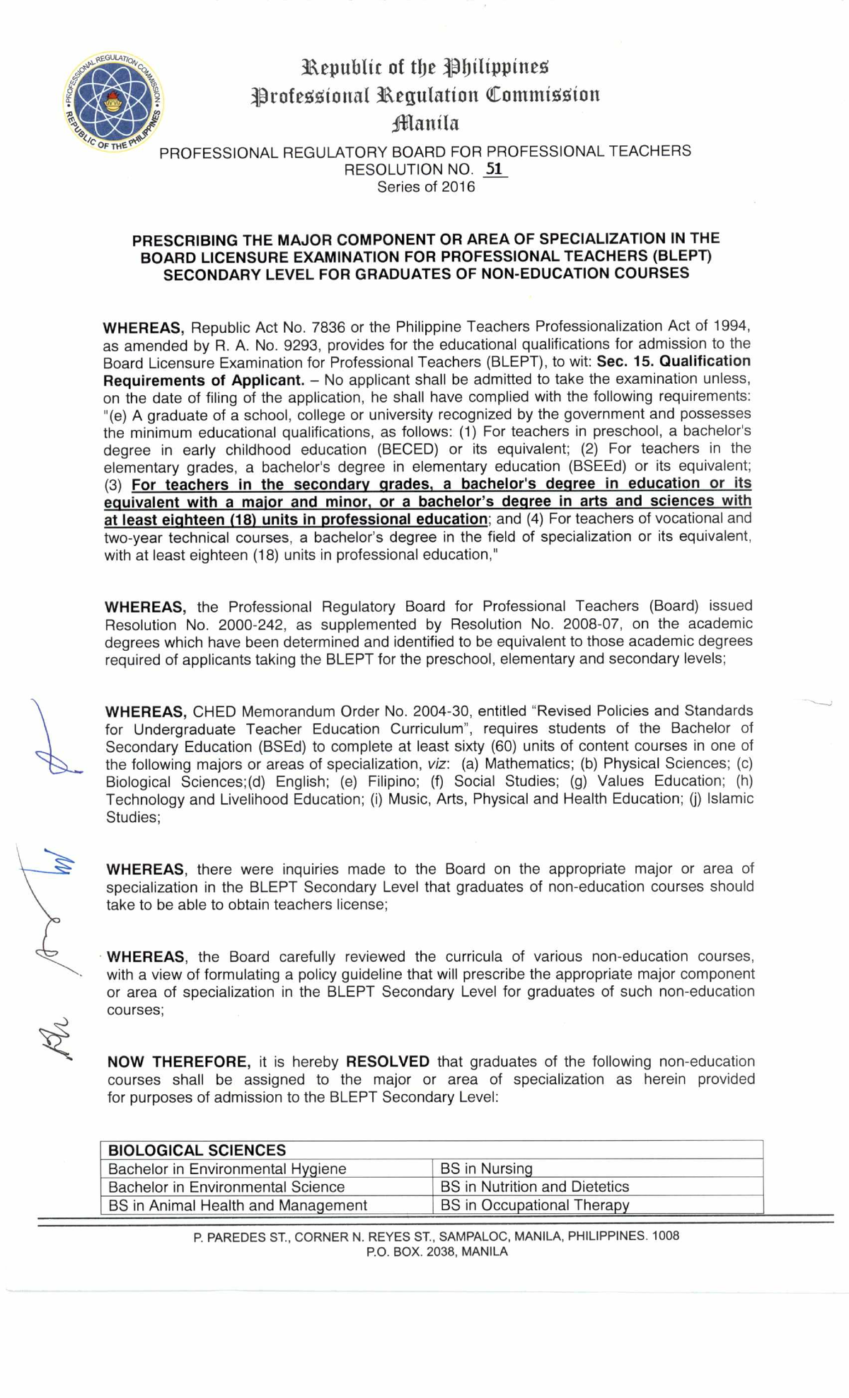 Resolution No. 51: Major Components for BLEPT Secondary Level - Studocu