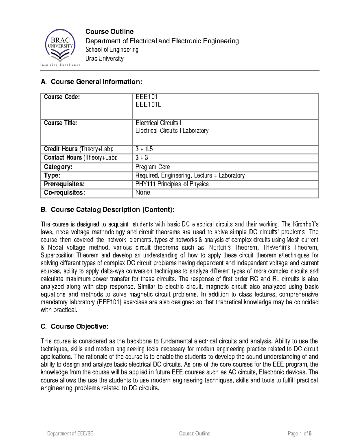 EEE101 - Electrical Circuits I Course Outline with Laboratory Details ...