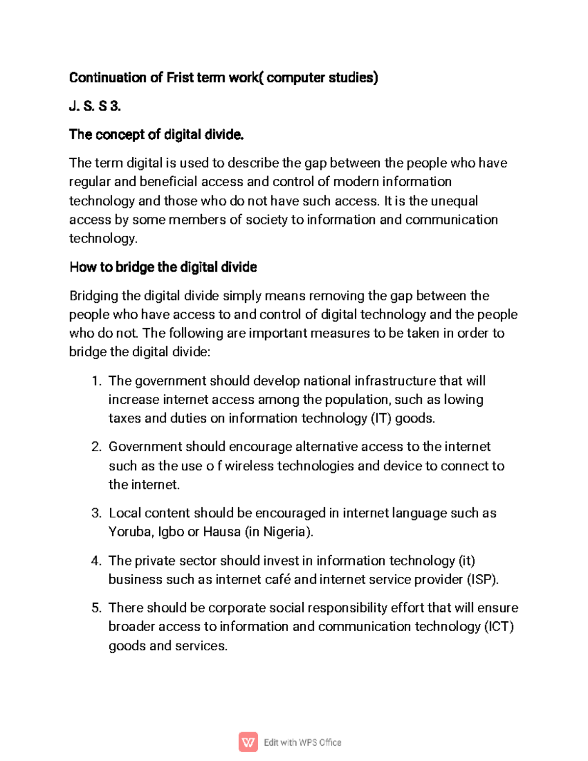Bridging the Digital Divide: Insights for Computer Studies J.S.S3 - Studocu