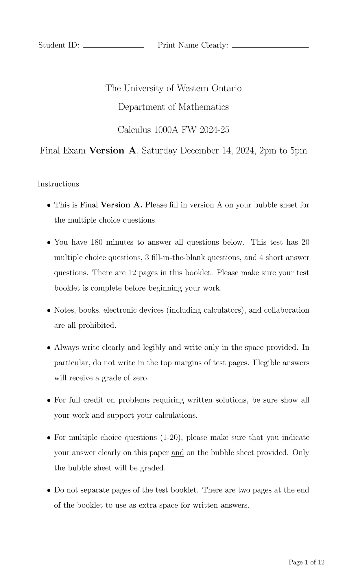 Calculus FW 1201B W25 Final Exam Version A Solutions - Studocu