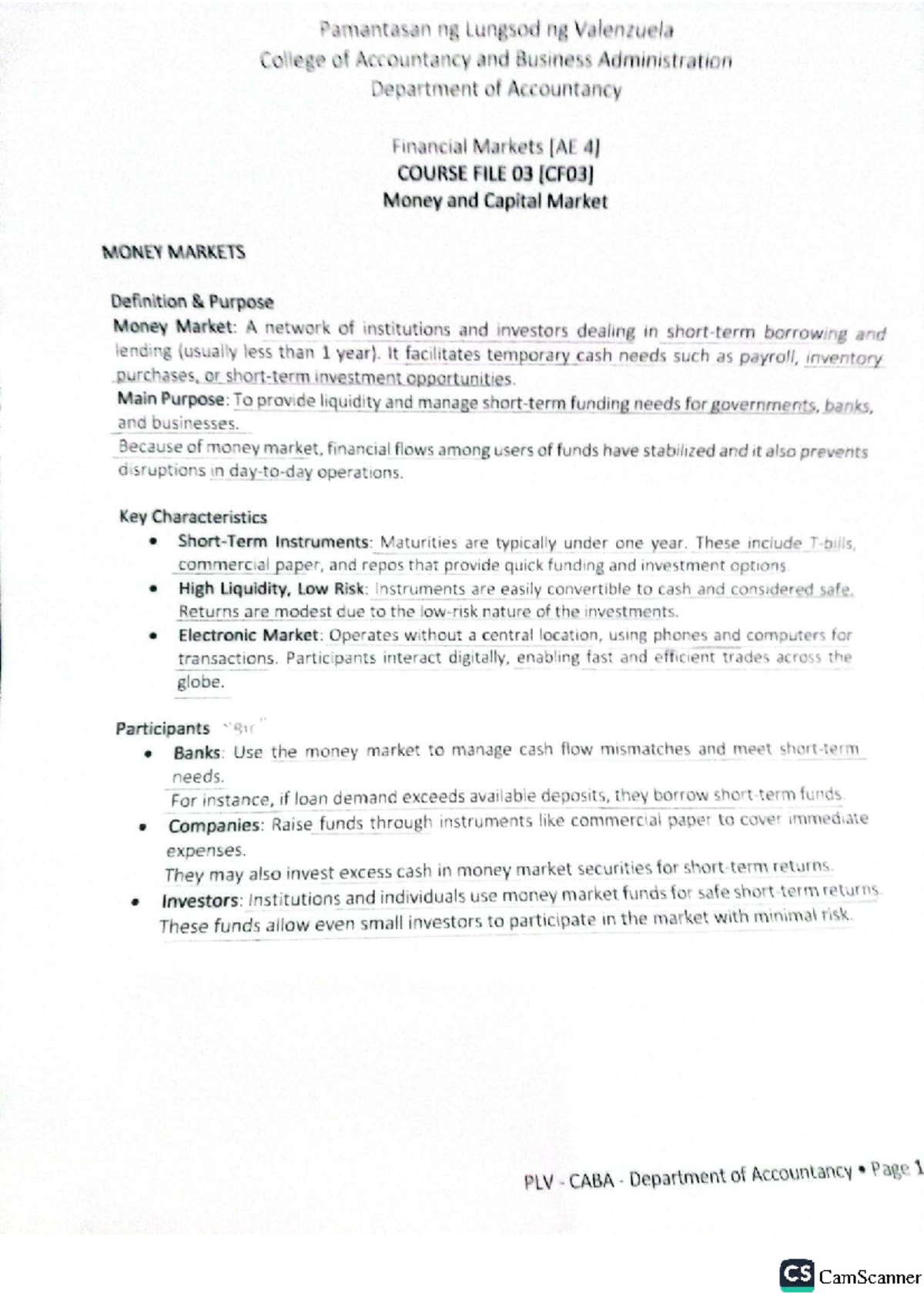 CS AE 4 Financial Markets: Money and Capital Market Overview - Studocu