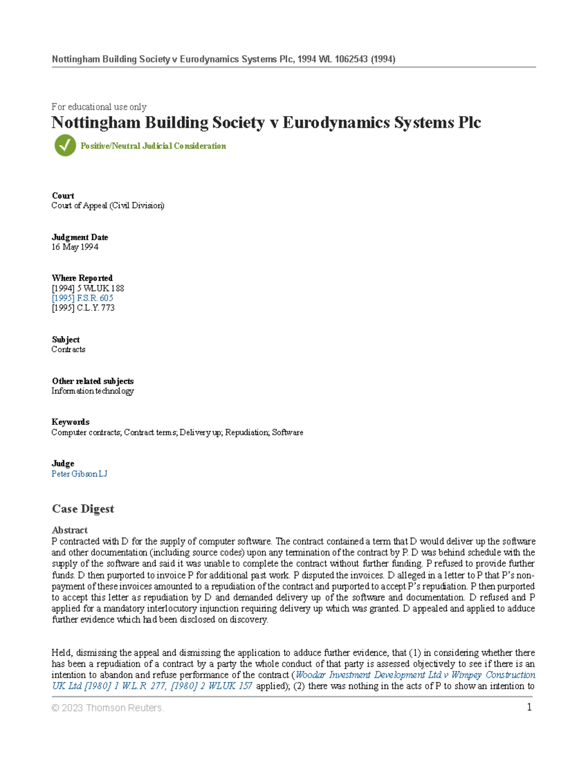 Nottingham Building Society v Eurodynamics Systems Plc Case Summary ...