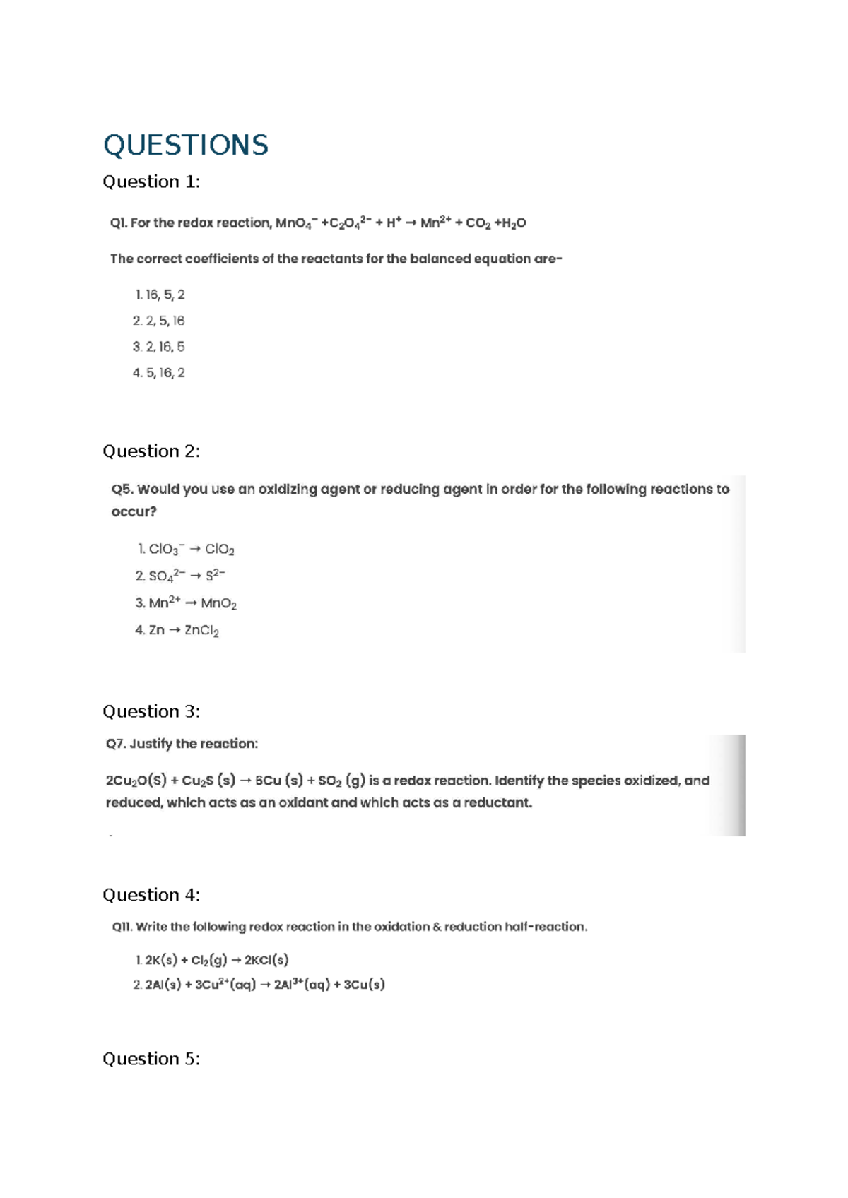Redox Practise Questions and Answers - QUESTIONS Question 1: Question 2 ...