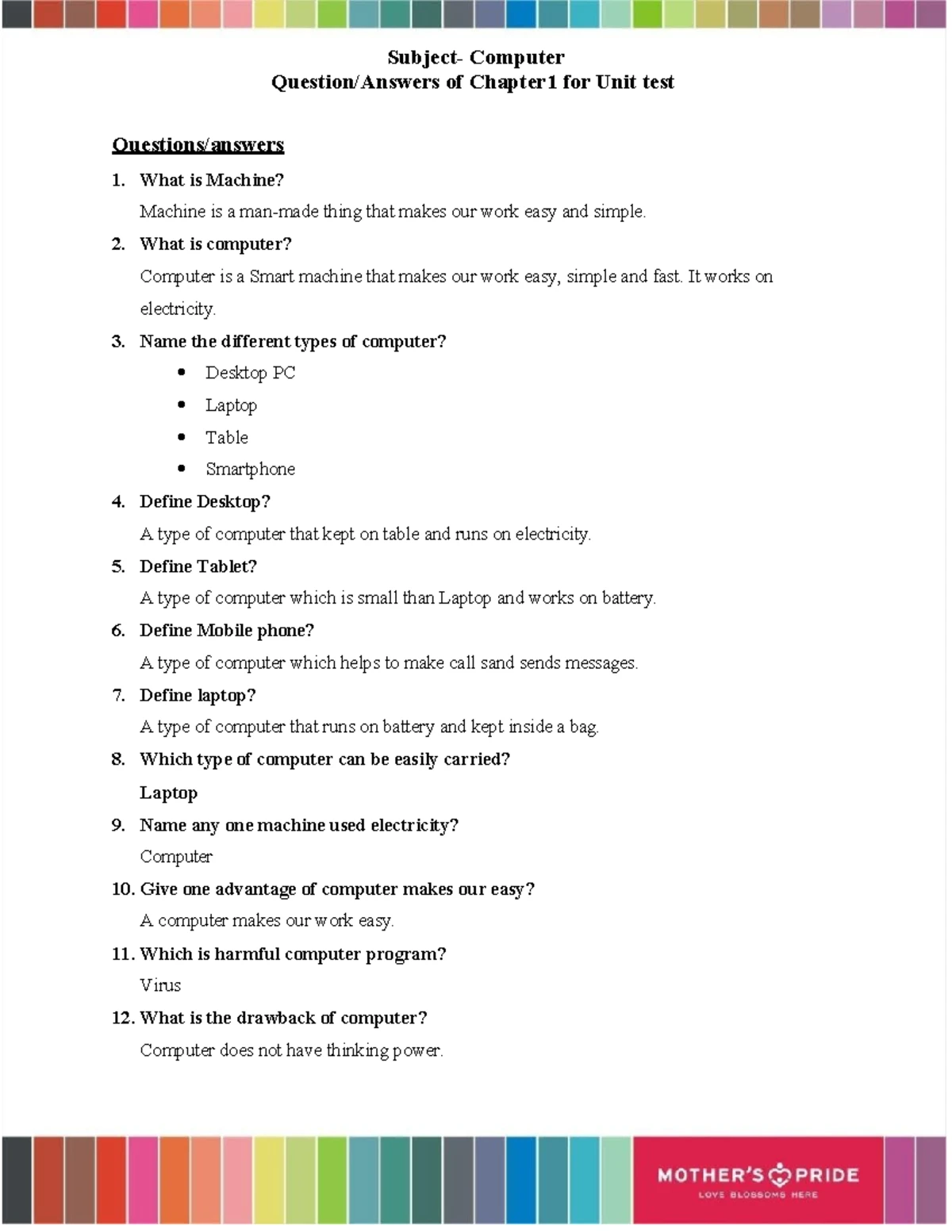 Computer Basics for Grade 2 Unit Test 1 - Studocu