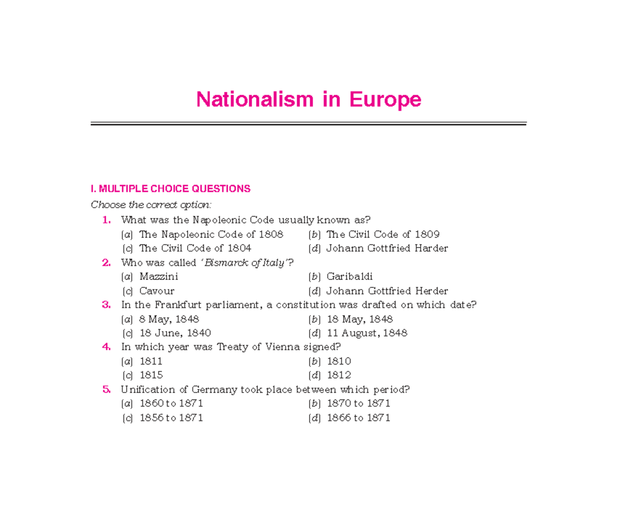 Nationalism in Europe I: MCQs and Short Answer Questions - Studocu