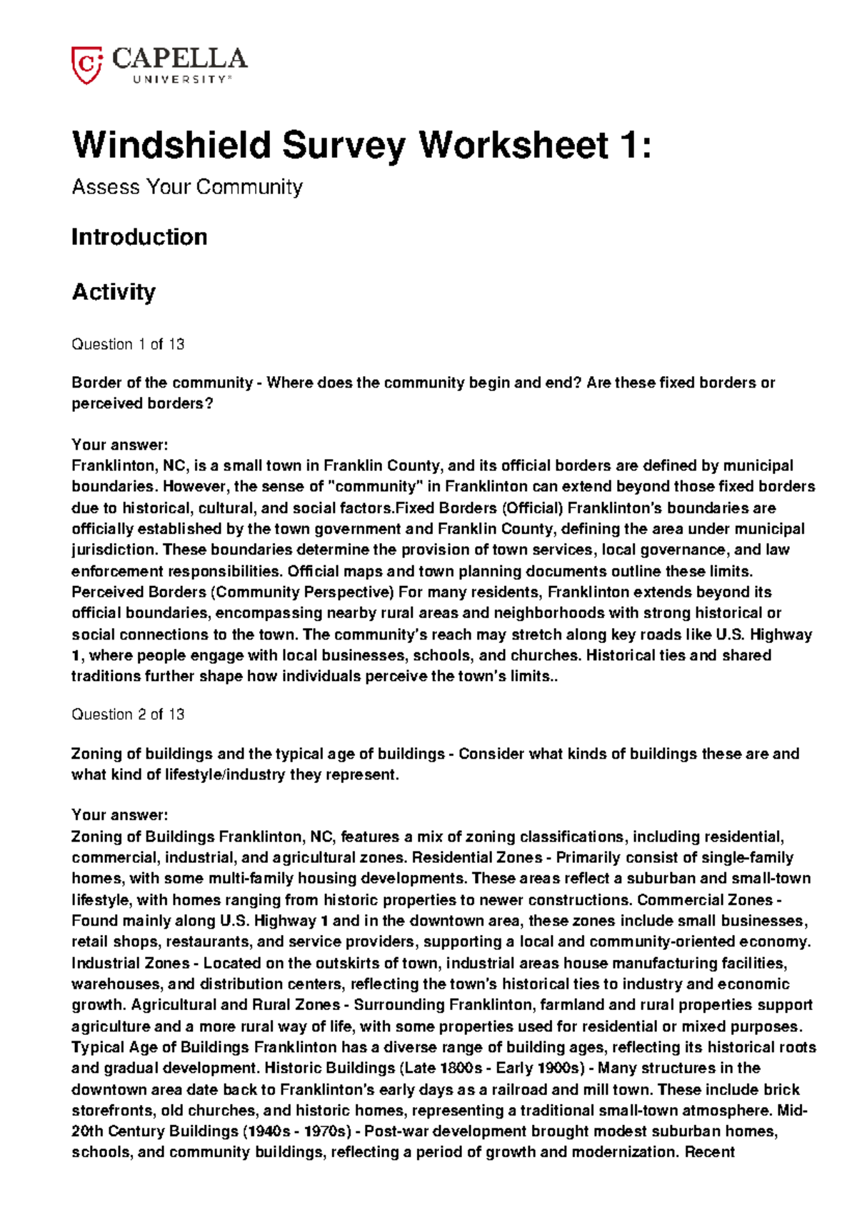 Windshield Survey Worksheet 1: Community Assessment of Franklinton, NC - Studocu