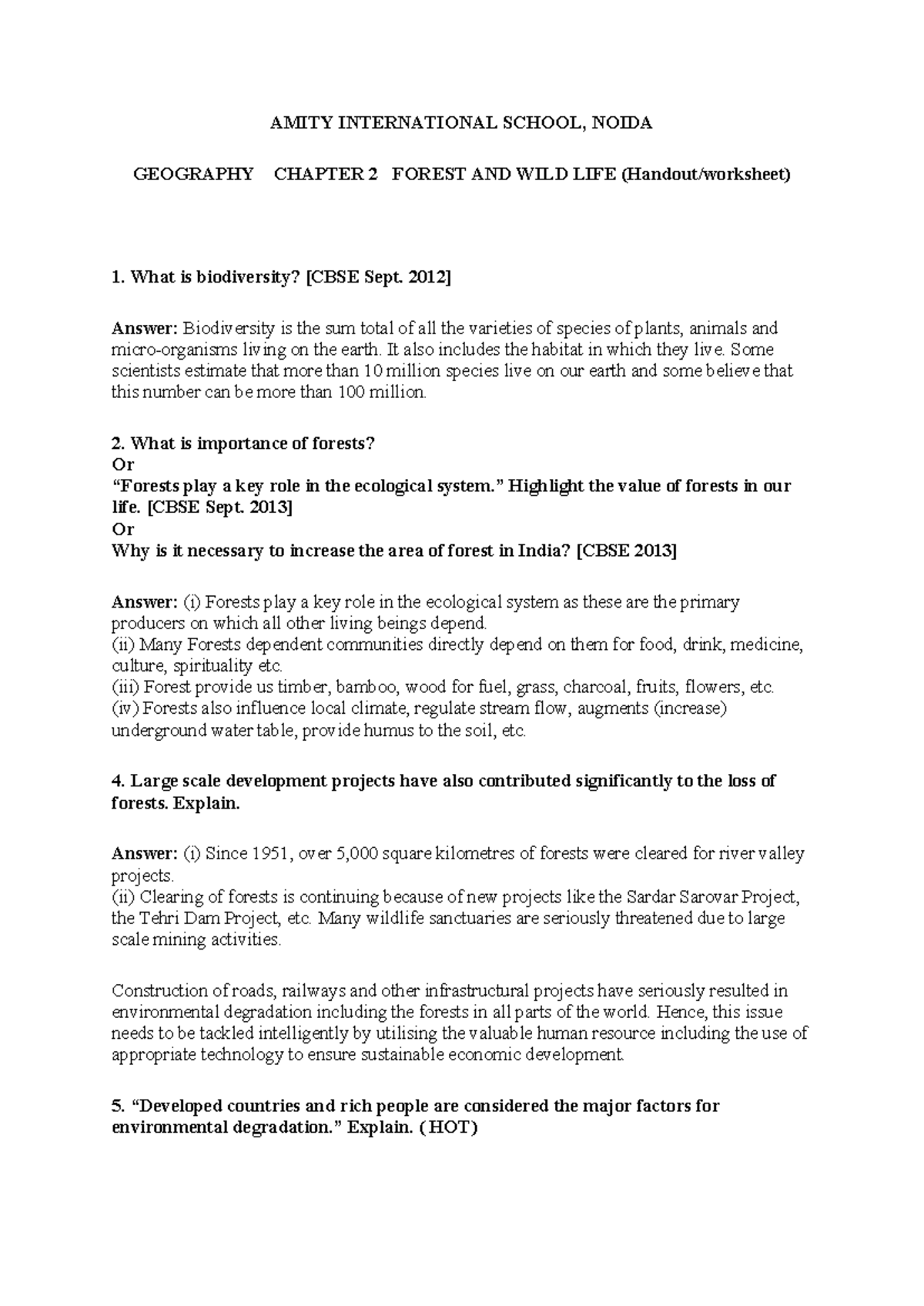 GEOGRAPHY CHAPTER 2: FOREST AND WILDLIFE - AMITY SCHOOL NOTES - Studocu
