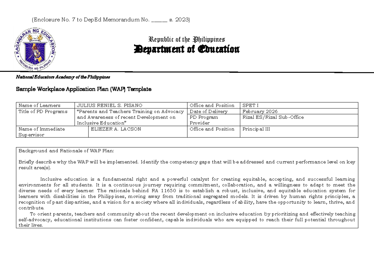 WAP Template for Inclusive Education Training (DepEd Memo No. s. 2023 ...
