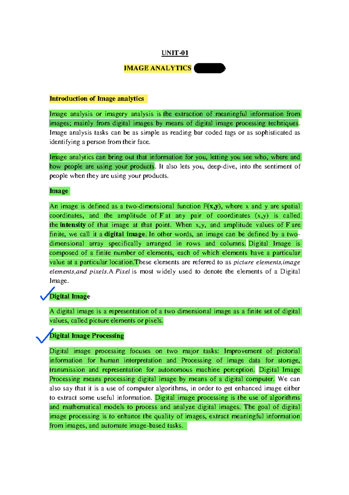 IA UNIT 1 - Comprehensive Notes on Image Analytics - Studocu