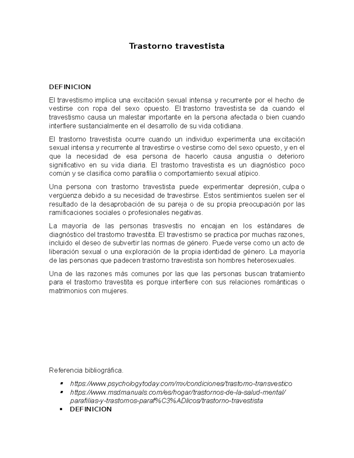 Trastornos Parafílicos: Travestismo y Froteurismo - Definición y