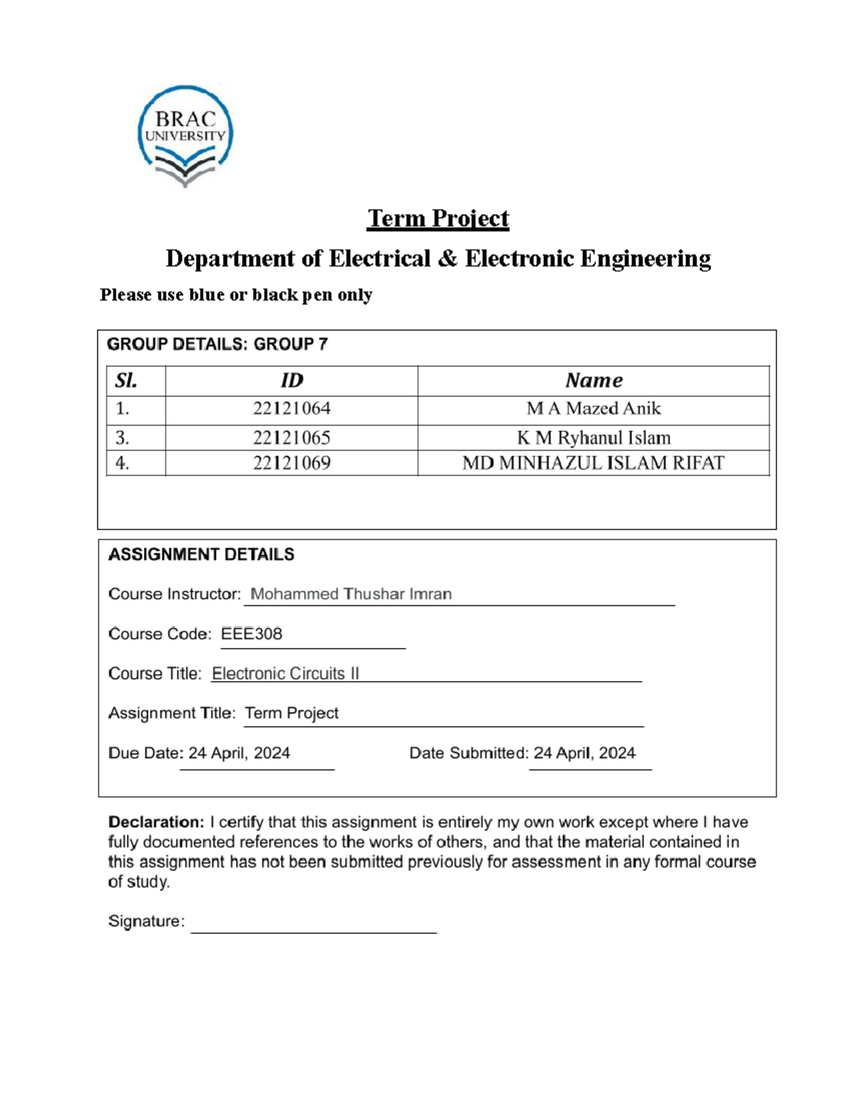 EEE308_Term Project_Spring24_Report - Term Project Department of ...
