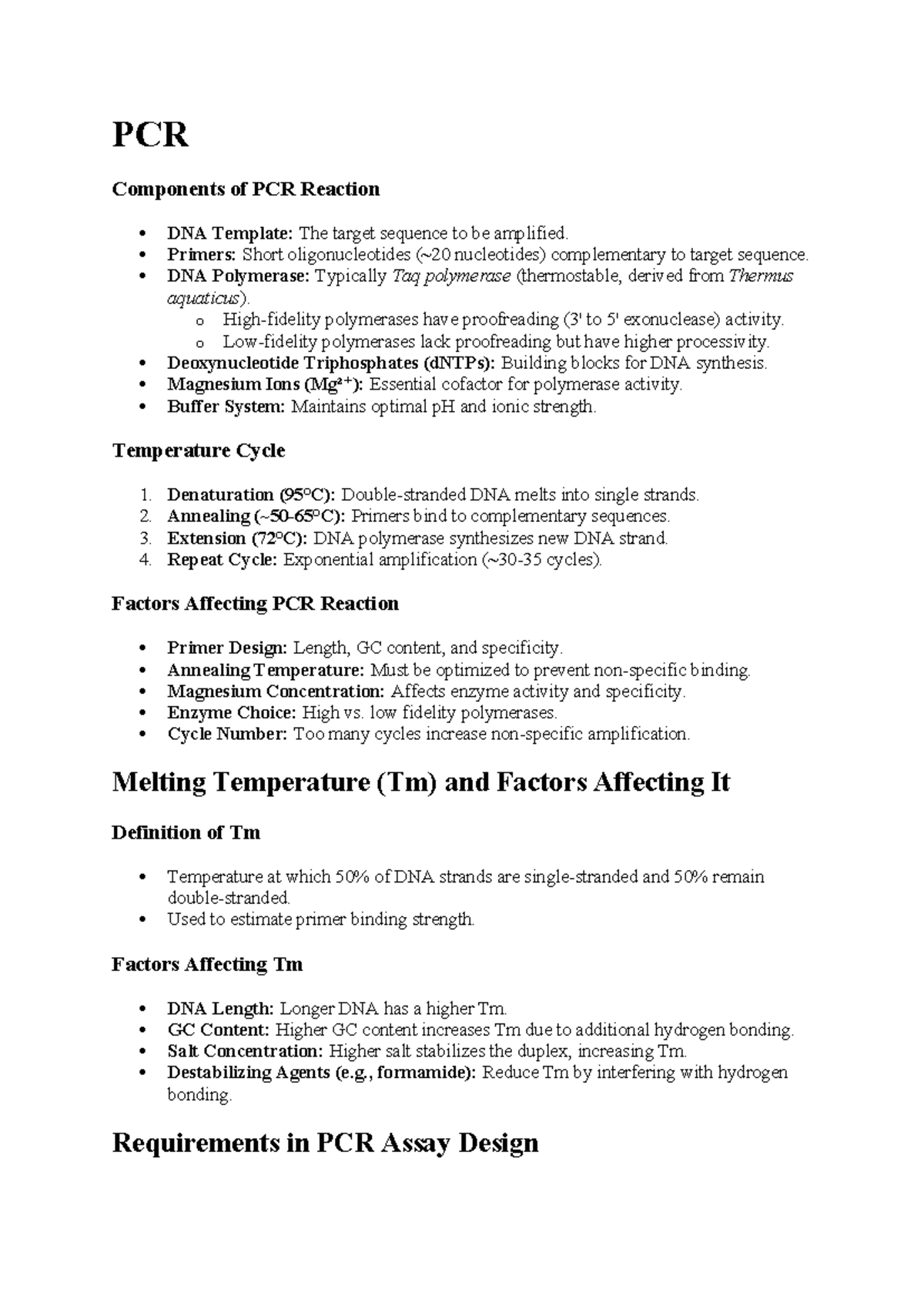 PCR Study notes - PCR Components of PCR Reaction DNA Template: The ...
