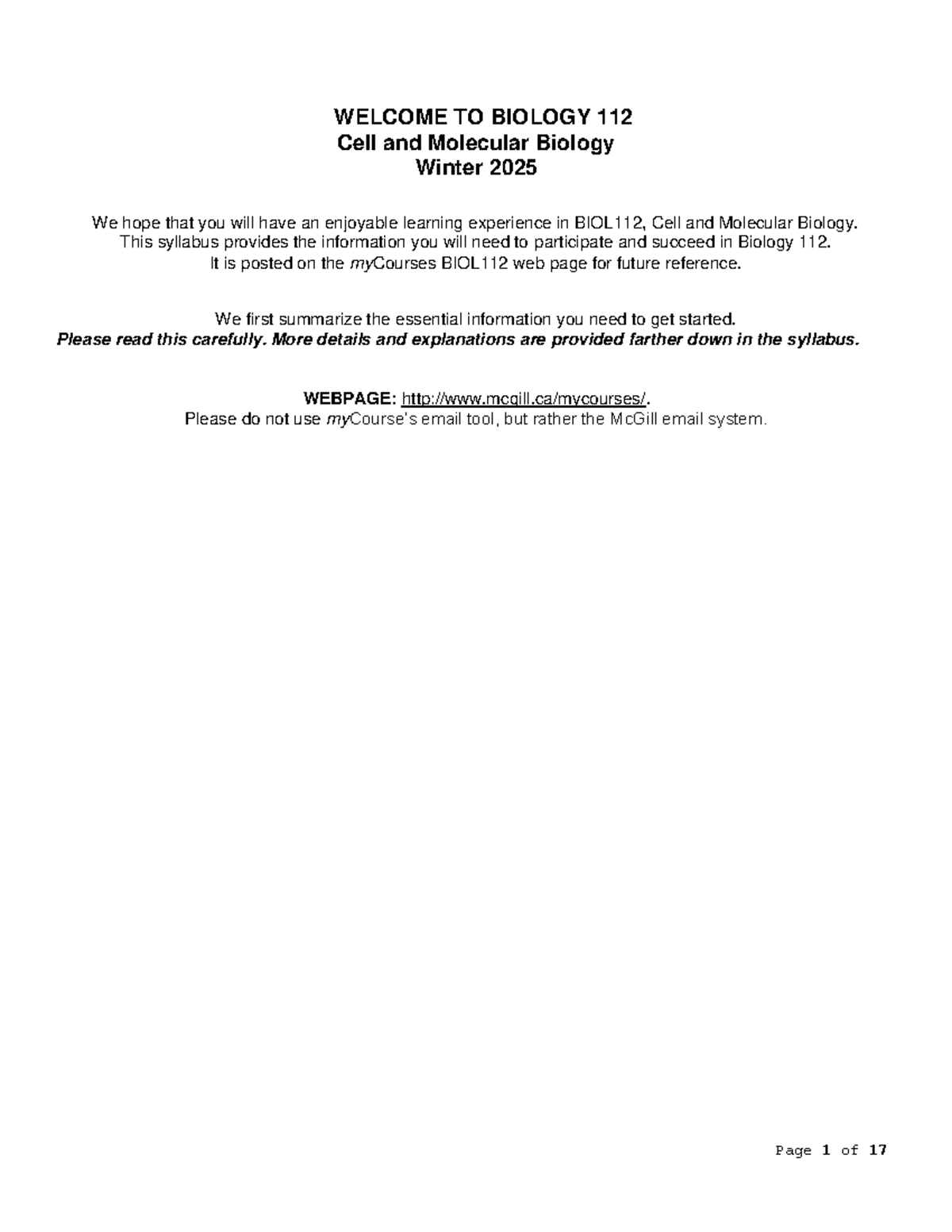 BIOL 112 Winter 2025 Syllabus: Cell and Molecular Biology - Studocu