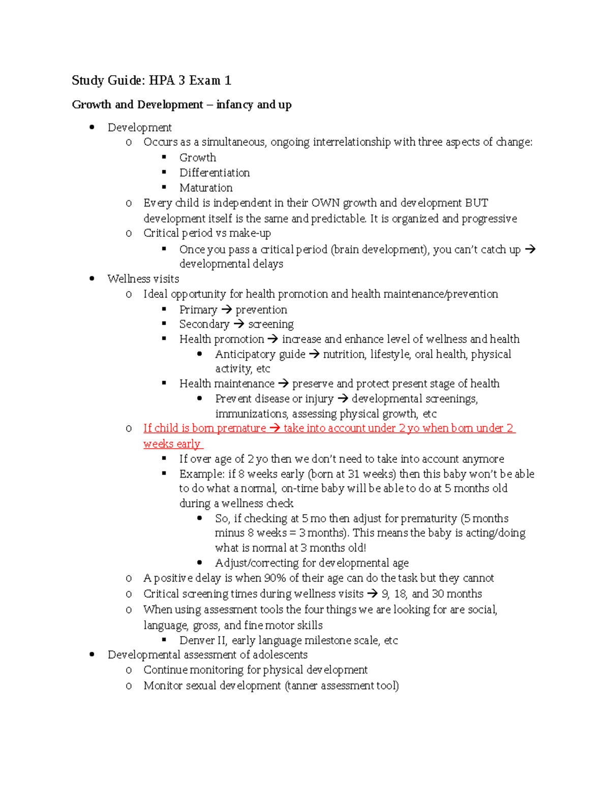 Exam 1 study guide - EXAM 1 - Study Guide: HPA 3 Exam 1 Growth and ...