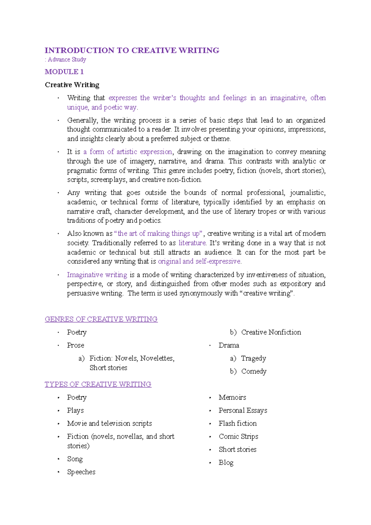 (ADV S) Creative Writing: A Comprehensive Guide to Techniques - Studocu