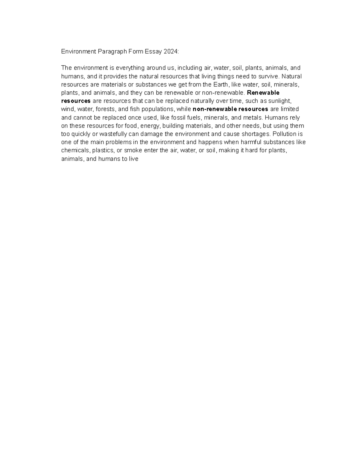 ENV 101: Environment Paragraph Form Essay on Environmentalism - Studocu