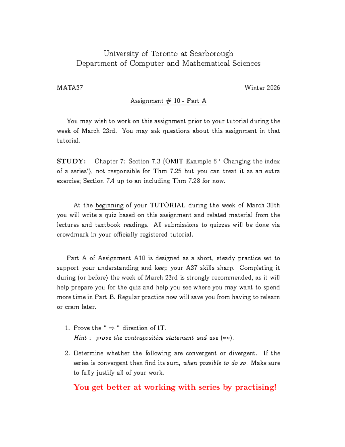 MATA37 Winter 2026 Assignment 10 Part A - Practice & Quiz Prep - Studocu