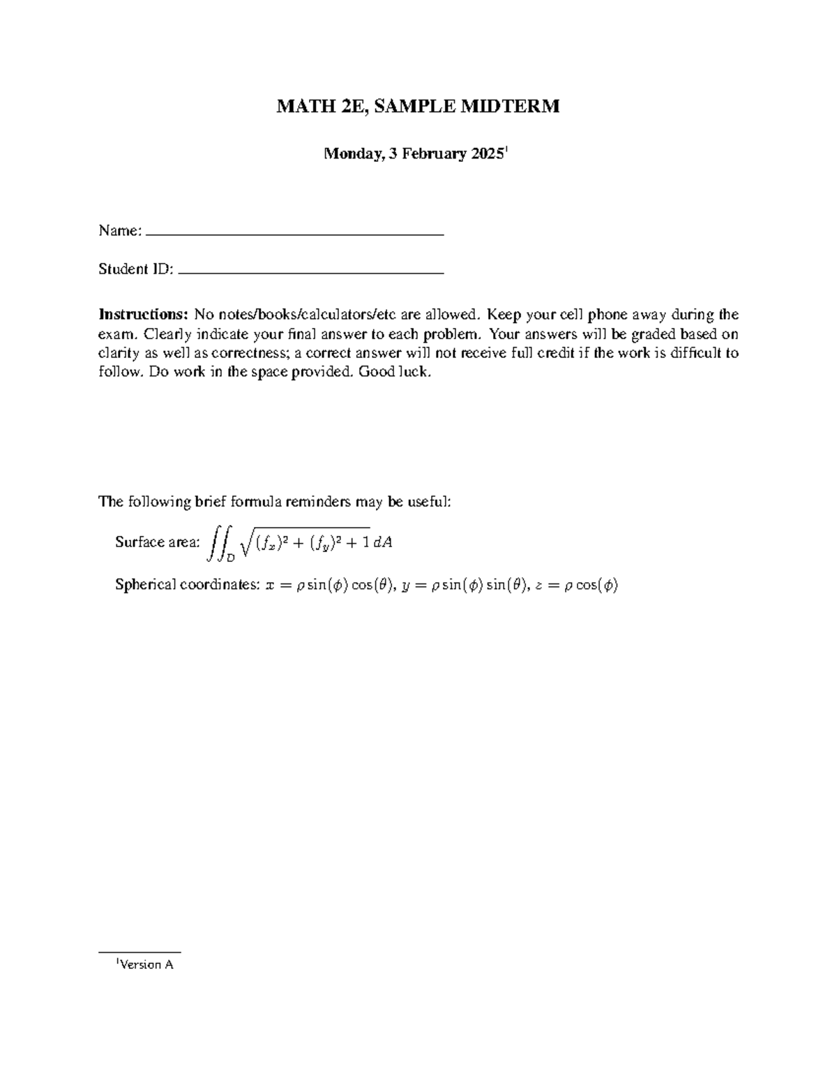 MATH 2E Sample Midterm Exam - February 3, 2025 - Studocu