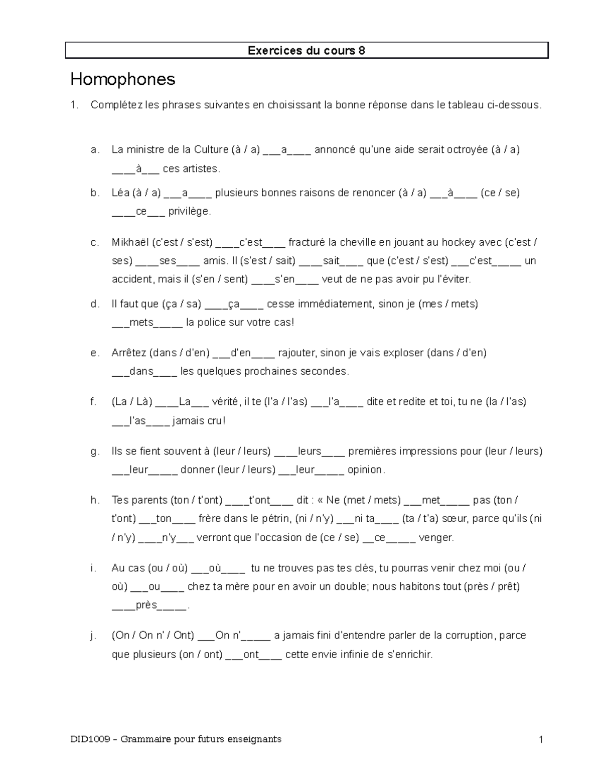 Exercices de Grammaire - Cours 8 - DID1009 - Studocu