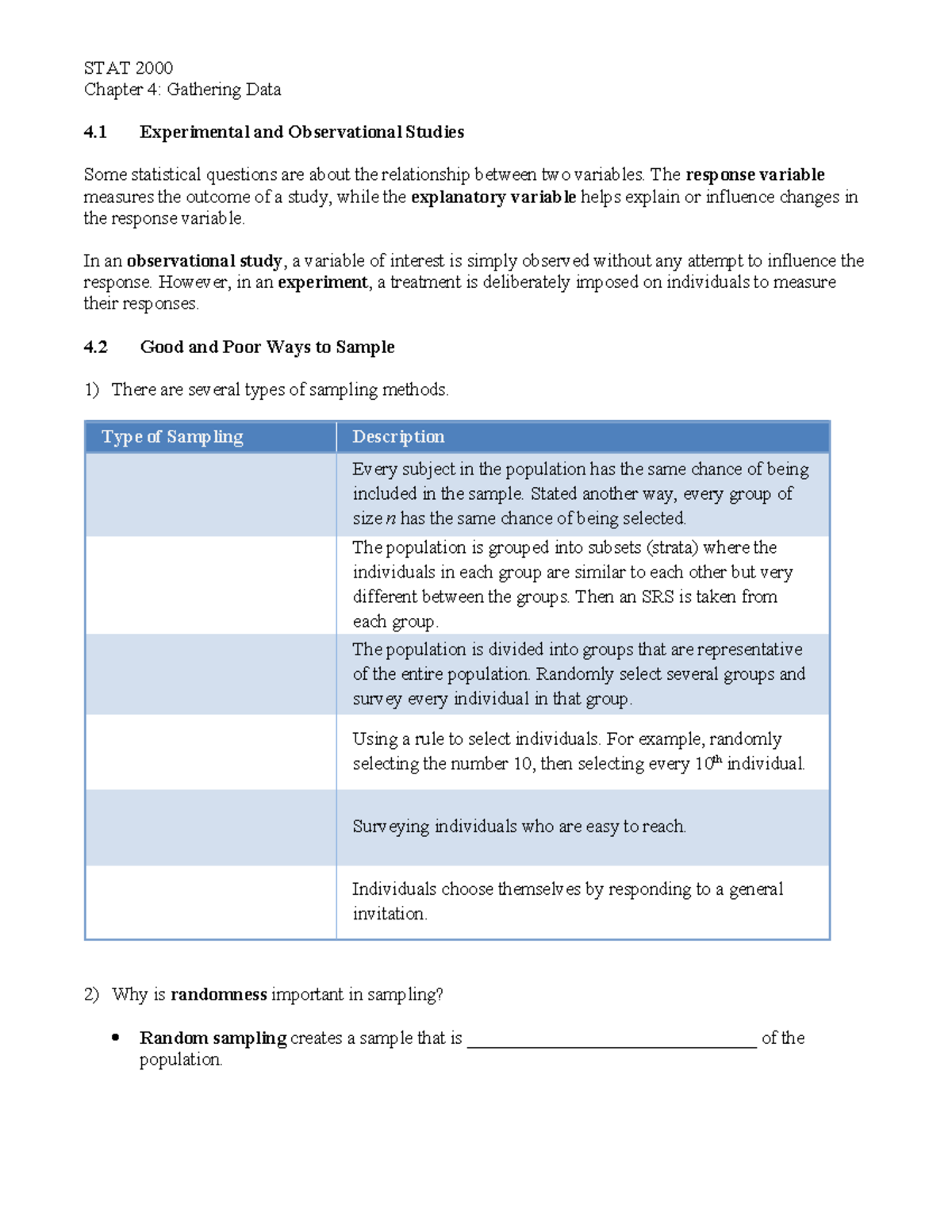 Ch4Notes S24 - Ex practice - STAT 2000 Chapter 4: Gathering Data 4 ...