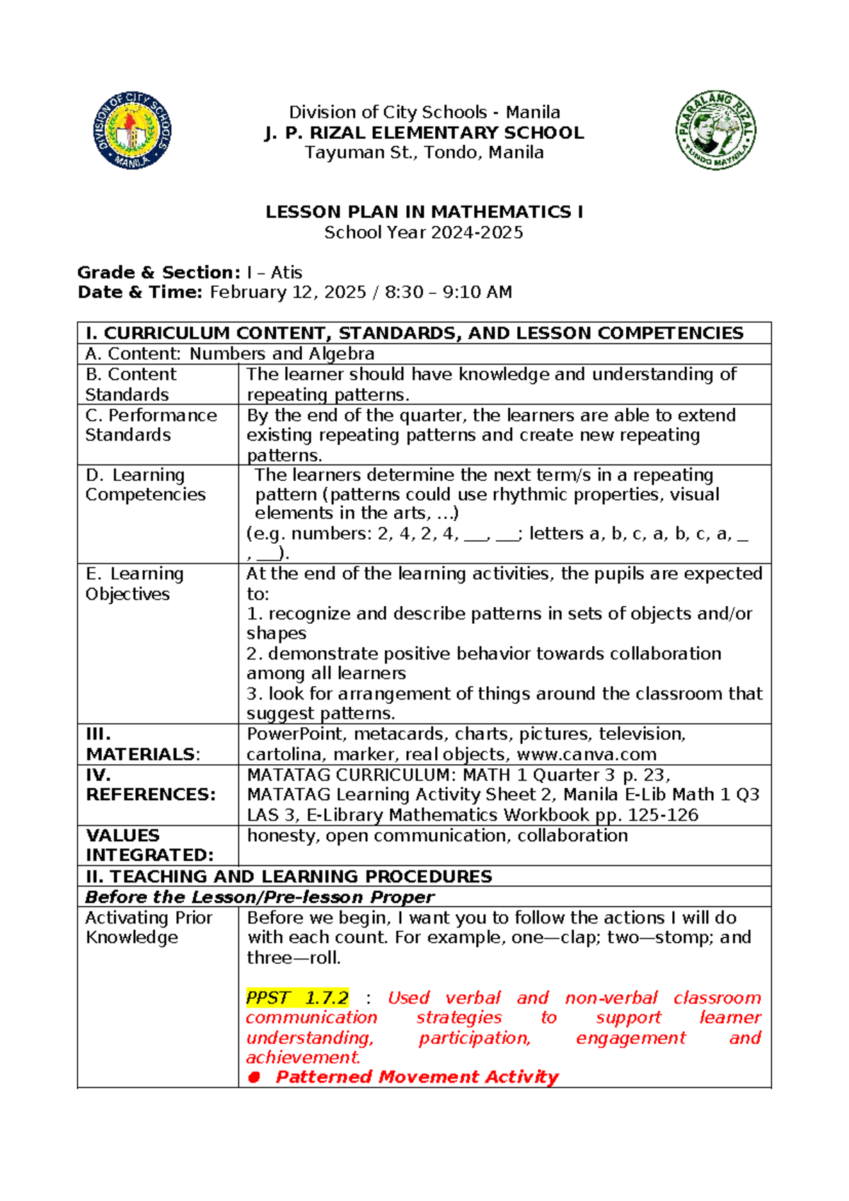 Mathematics I Lesson Plan: Patterns & Algebra (2020-25) - Studocu