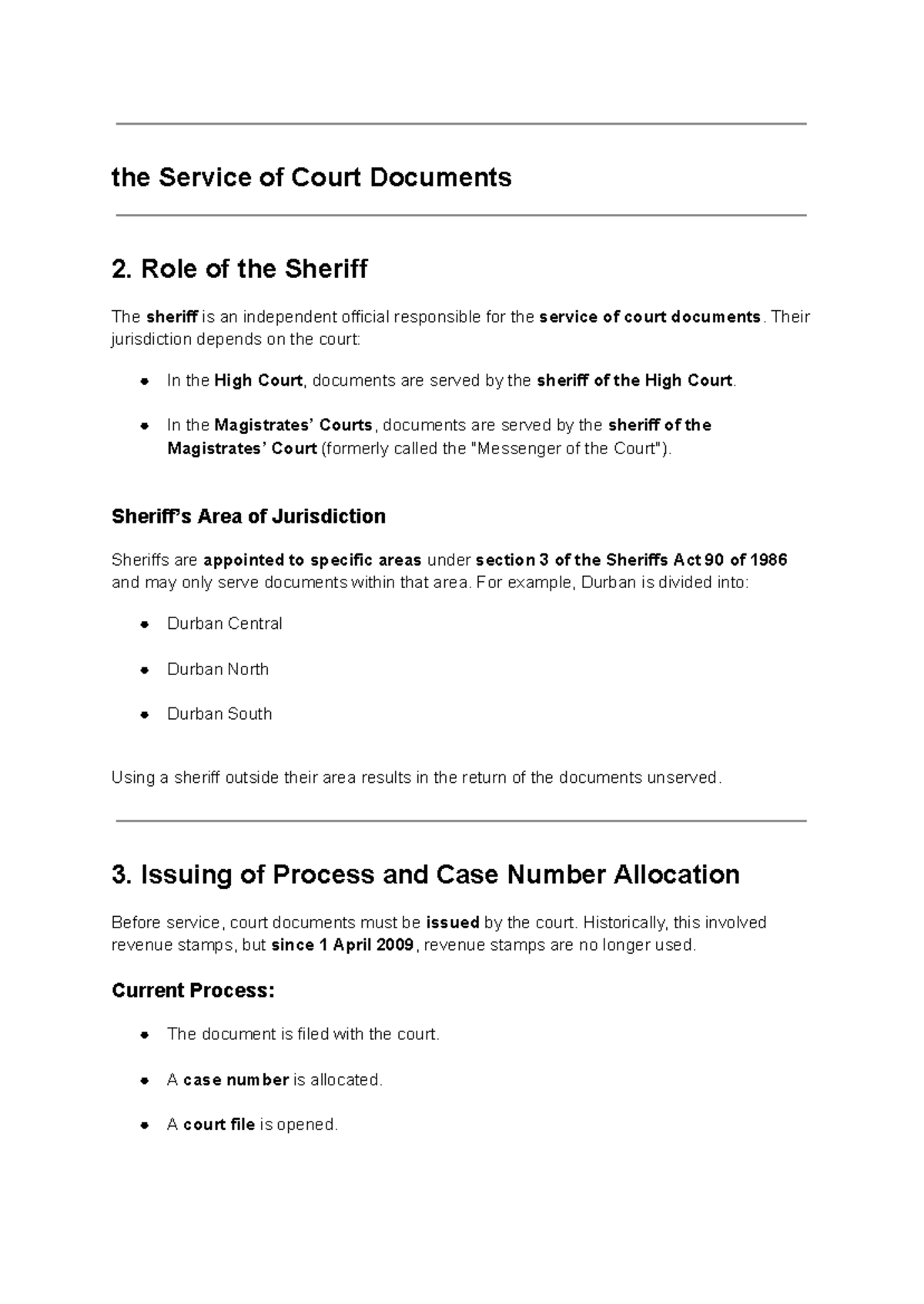 Civil Procedure Notes: Service of Court Documents & Sheriff Roles - Studocu