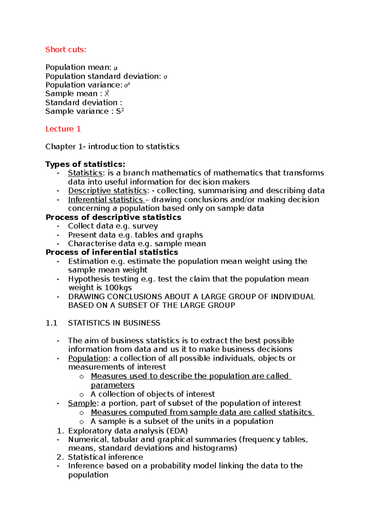 Bus stats notes final - clear and summarised - Short cuts: Population ...