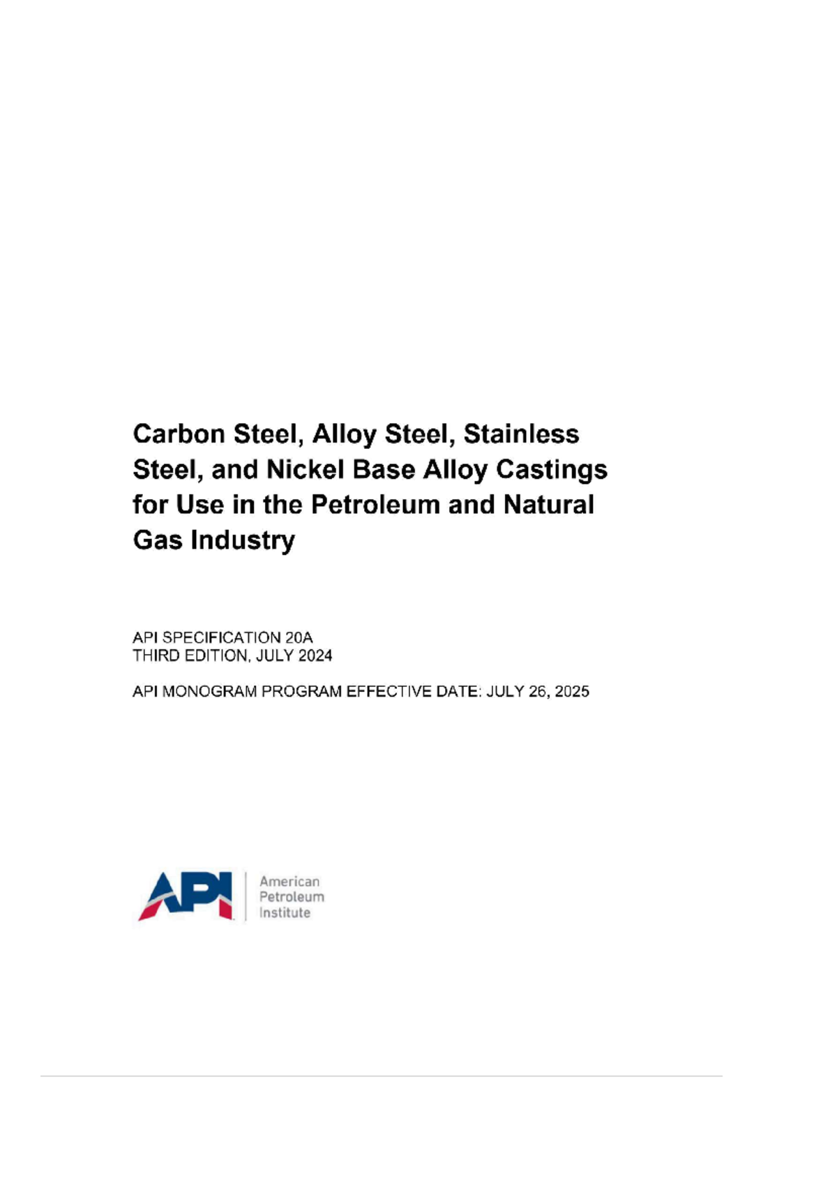 API 20A Specification - Carbon & Alloy Castings for Petroleum Use - Studocu