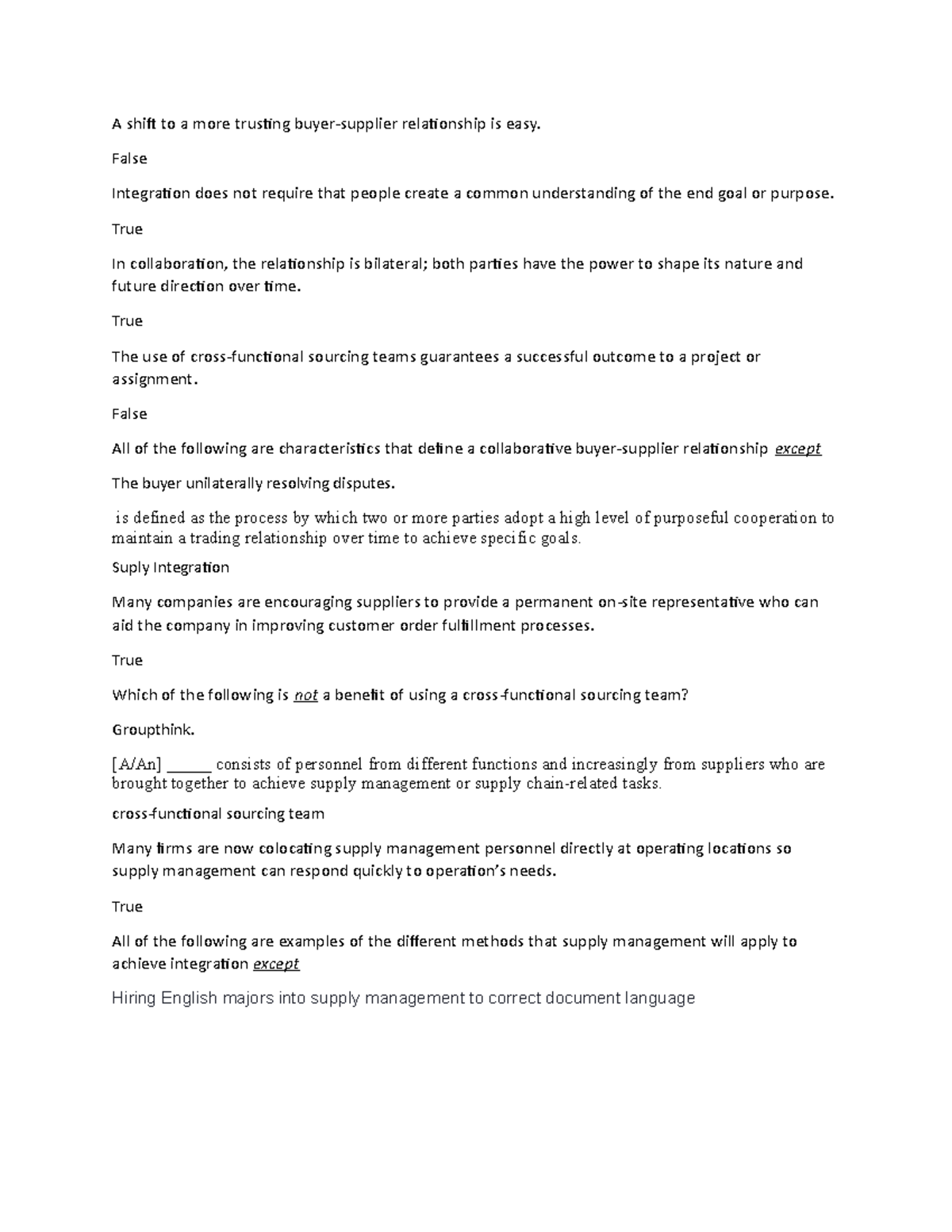 Quiz Chapter 4 - A shift to a more trusting buyer-supplier relationship ...
