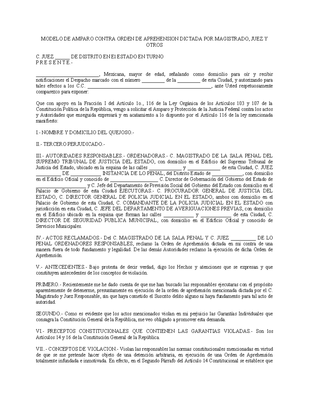 Modelo de Amparo Contra Orden de Aprehensión - Magistrado y Juez - Studocu
