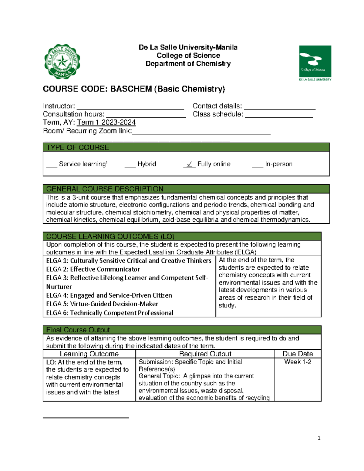 BASCHEM Syllabus Overview for Academic Year 2023-2024 - Studocu